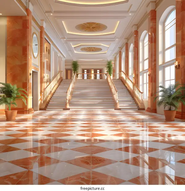Grand marble staircase in a luxurious hotel lobby