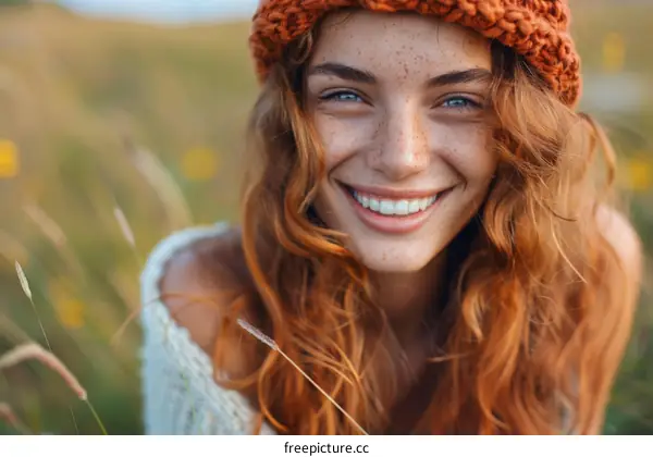 Woman with Freckles Smiling in Field