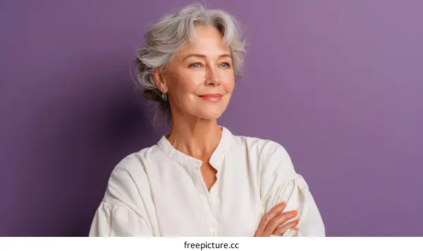Elegant Senior Woman Portrait Against Purple Background
