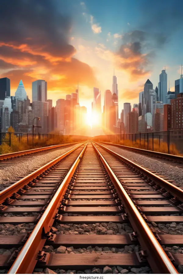 The railroad tracks stretch into the distance with a setting sun in the background