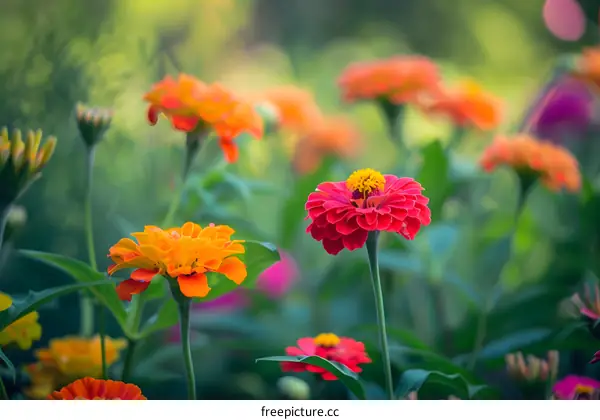 Close Up of Pink and Orange Zinnia Flowers in a Garden