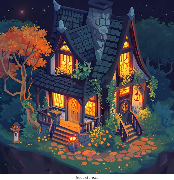 Fantasy Cottage with Warm Lights and Stars