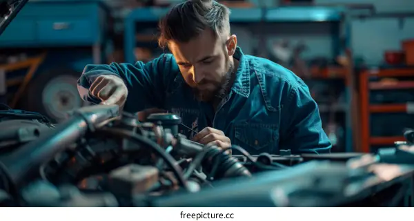 Bearded man repairing a car engine