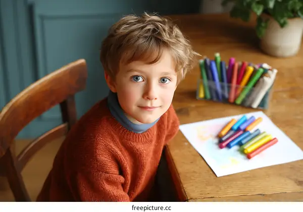 Cute Boy Sitting at Table with Crayons