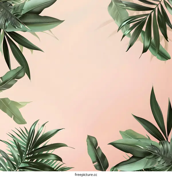 Green Tropical Leaves on Peach Background
