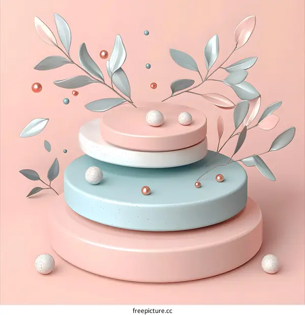 Abstract 3D Render of Pastel Pink and Blue Platforms With White and Gold Orbs and Green Foliage