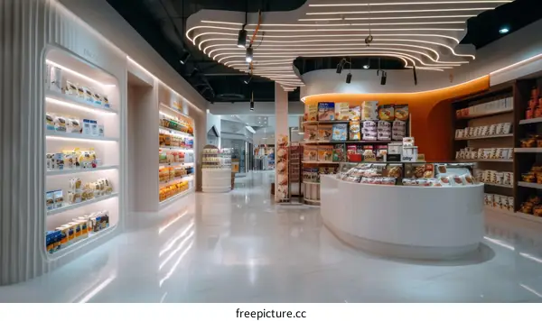 Brightly lit grocery store interior with white walls and curved ceiling