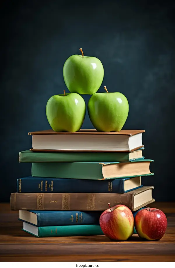 Three green apples on a stack of old books with two red apples beside them