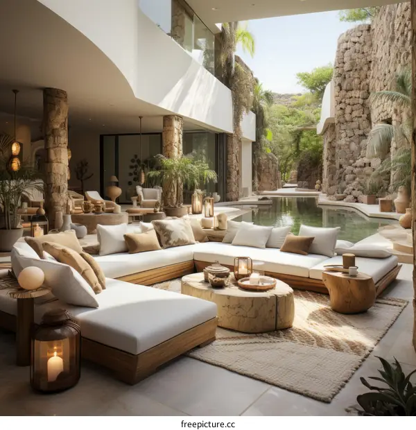 Modern bohemian interior design living room with pool