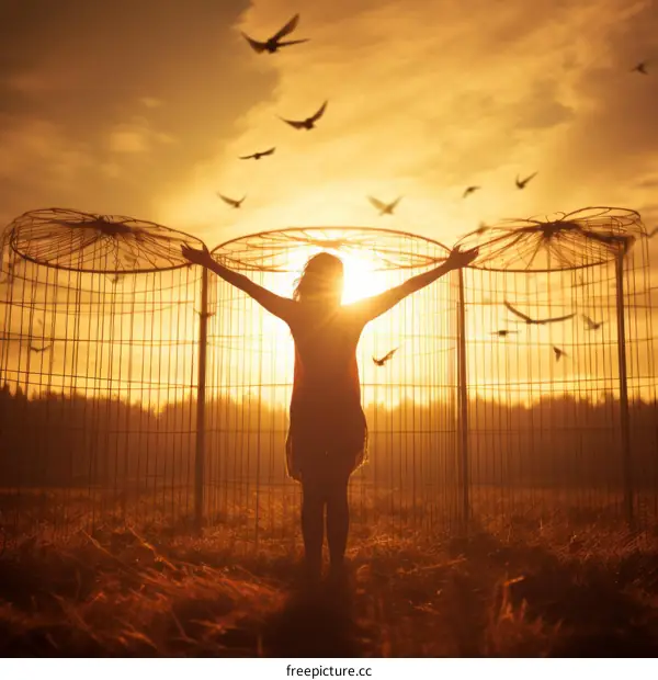 girl in a cage with birds flying around her