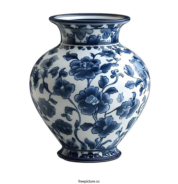 [Transparent Background PNG]Blue and White Porcelain Vase with Floral Design