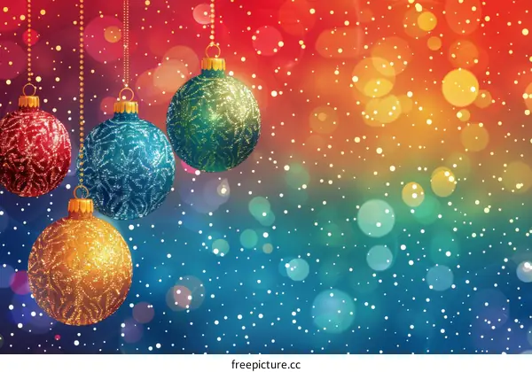 Christmas ornaments hanging on a rainbow background