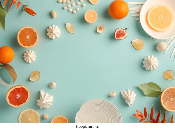 Minimalist Flat Lay with Citrus Fruits and Meringues on Blue Background