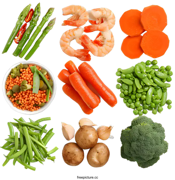 [Transparent Background PNG]Fresh Vegetables and Seafood Arranged in a Grid