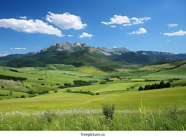 green hills and mountains under blue sky