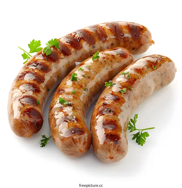 three grilled sausages on a white background