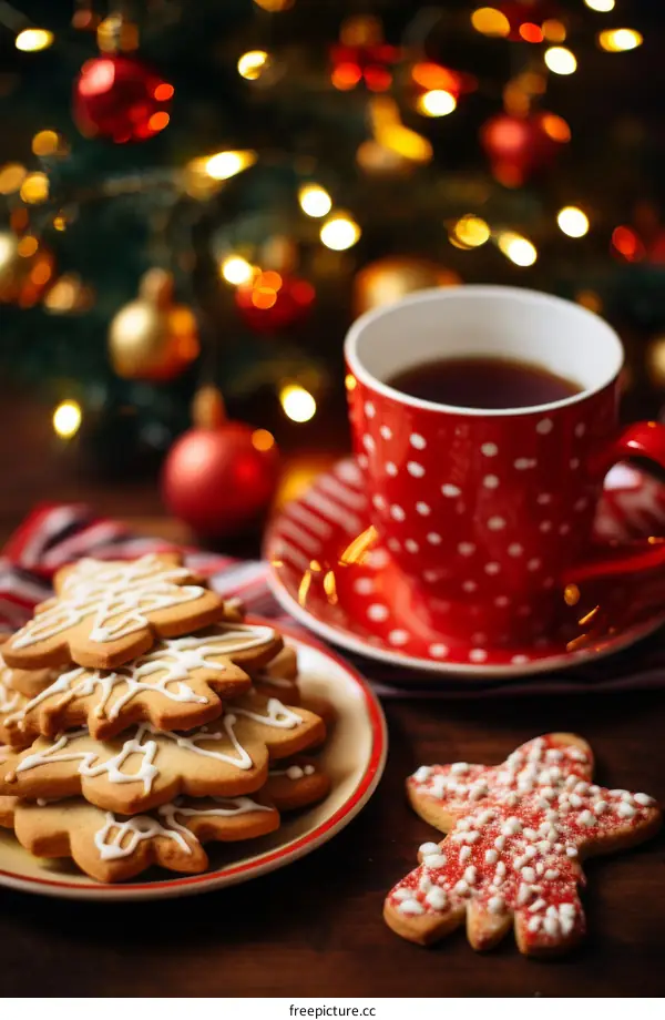 Tea and Christmas Cookies on a Wooden Table