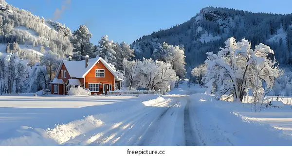 Snowy Winter Landscape with Red House and Snow Covered Trees