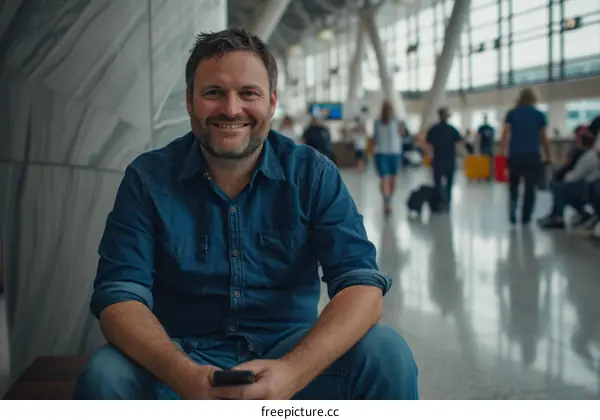 Smiling man sitting on a bench in an airport