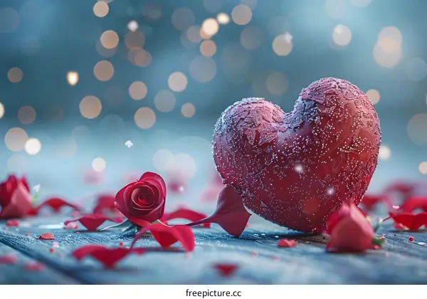 Red heart and rose on a wooden table with blurred lights in the background