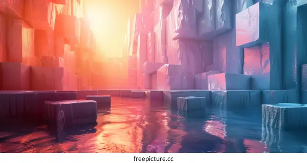 Colorful Light Reflected in Ice Cave Water