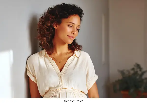 Thoughtful Pregnant Woman by the Wall