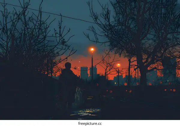 Silhouette of a Man Walking Alone at Dusk in a City