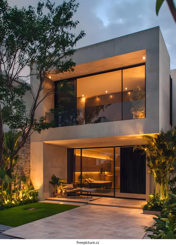Modern Concrete House with Large Glass Windows and Outdoor Patio
