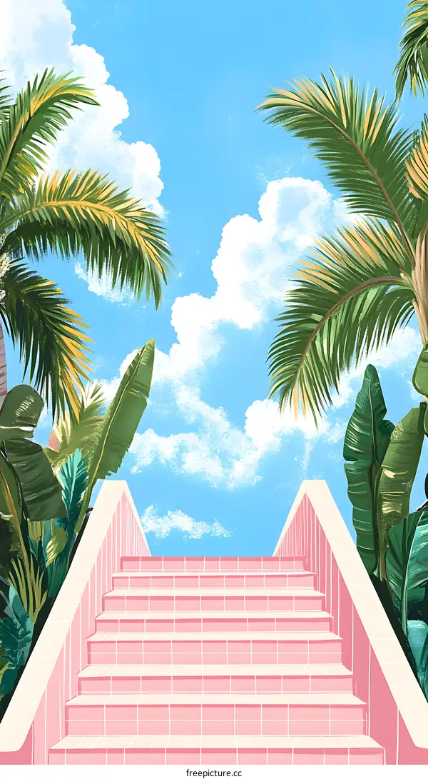 Pink Stairs Leading to Tropical Paradise