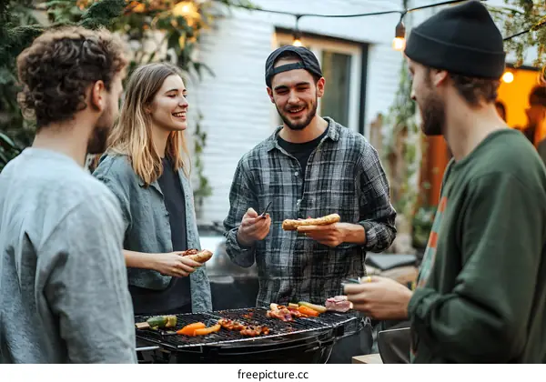 Friends Enjoying Summer Barbeque Together in Backyard