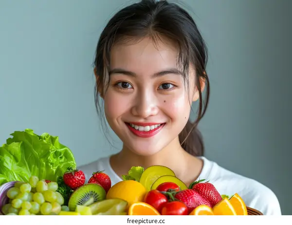 Portrait of a young Asian woman holding a basket of fresh fruits and vegetables