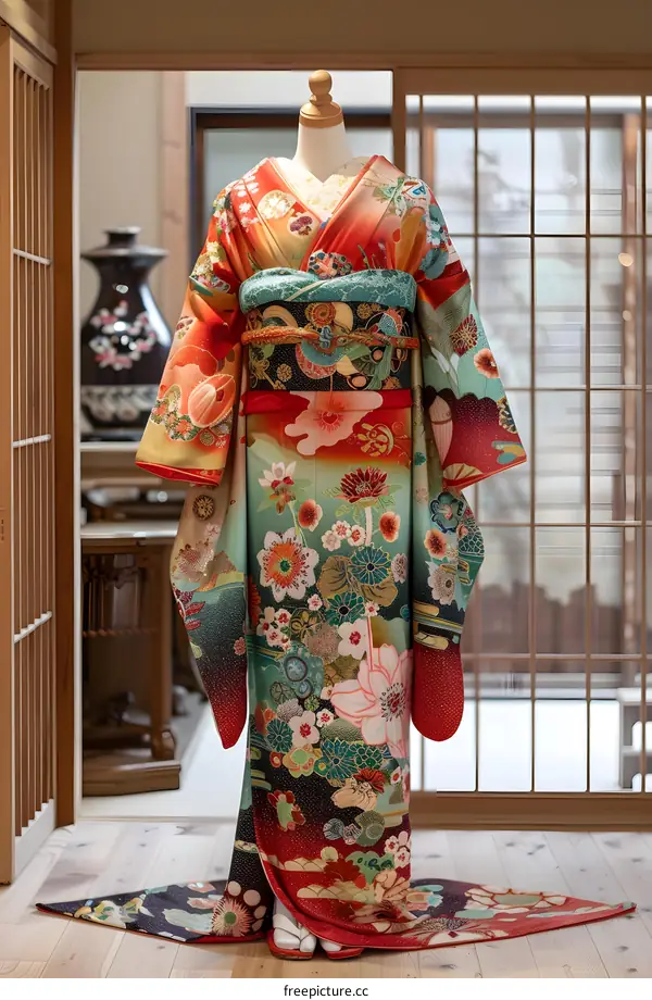 A kimono with a pattern of flowers and plants