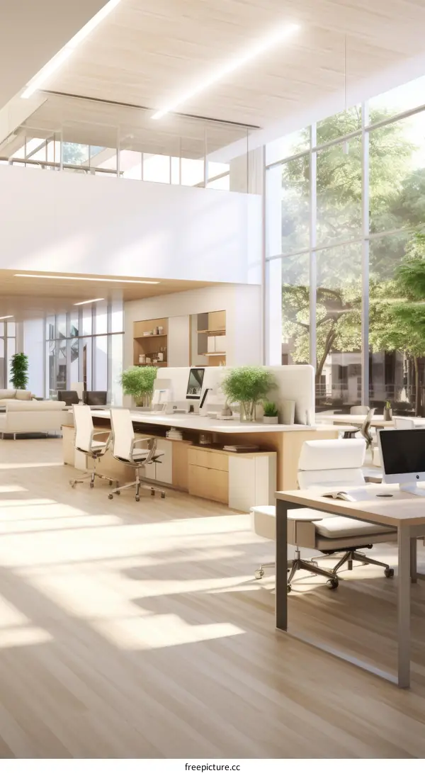 An illustration of a modern office space with large windows, wooden furniture, and a variety of plants