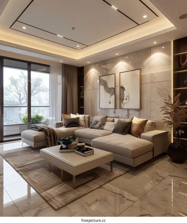 Modern Minimalist Living Room with Balcony and Green Plants