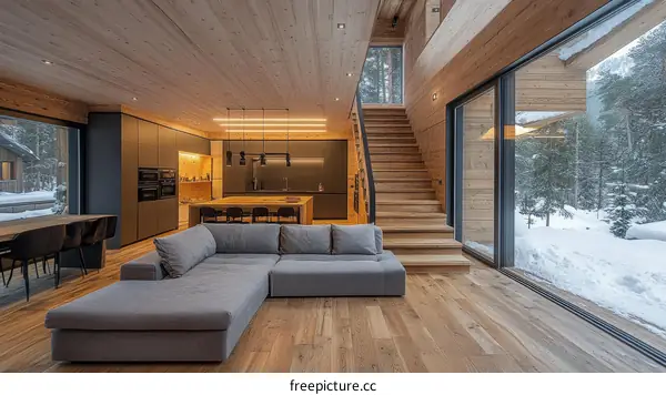 Modern Wooden Cabin Living Room with Snowy View