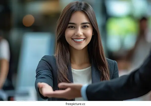 Businesswoman Extending Hand in Professional Setting