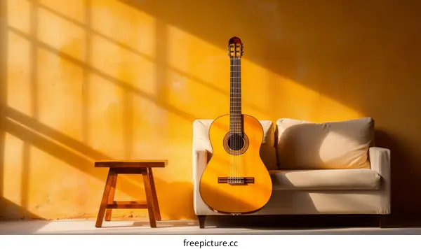 Classical Guitar Leaning on Couch with Wooden Stool