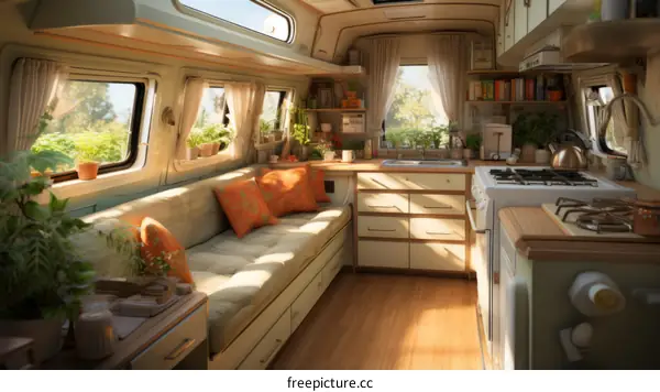 Vintage Camper Van Interior with Cozy Bohemian Vibes