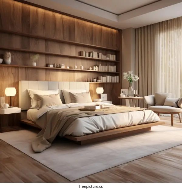 Bedroom with a large wooden headboard and a cream-colored bedspread