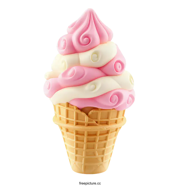 [Transparent Background PNG]Delicious Pink and White Ice Cream in Waffle Cone