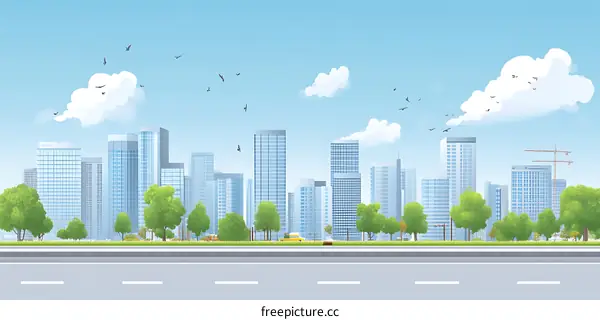 Modern City Skyline Illustration with Blue Sky and White Clouds