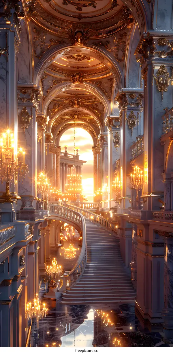 Golden Palace Interior with Chandeliers and Staircase