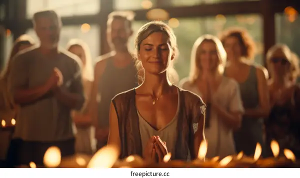 A group of people are praying in a temple.