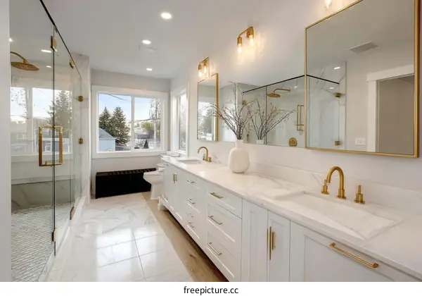 Modern Luxury White Bathroom with Gold Accents