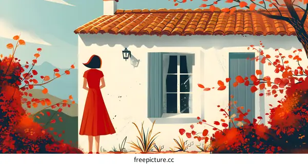 A woman standing in front of a house with red autumn leaves