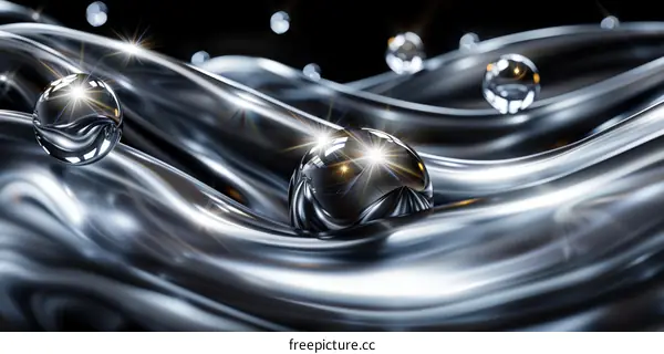 3D rendering of a silver liquid surface with floating bubbles