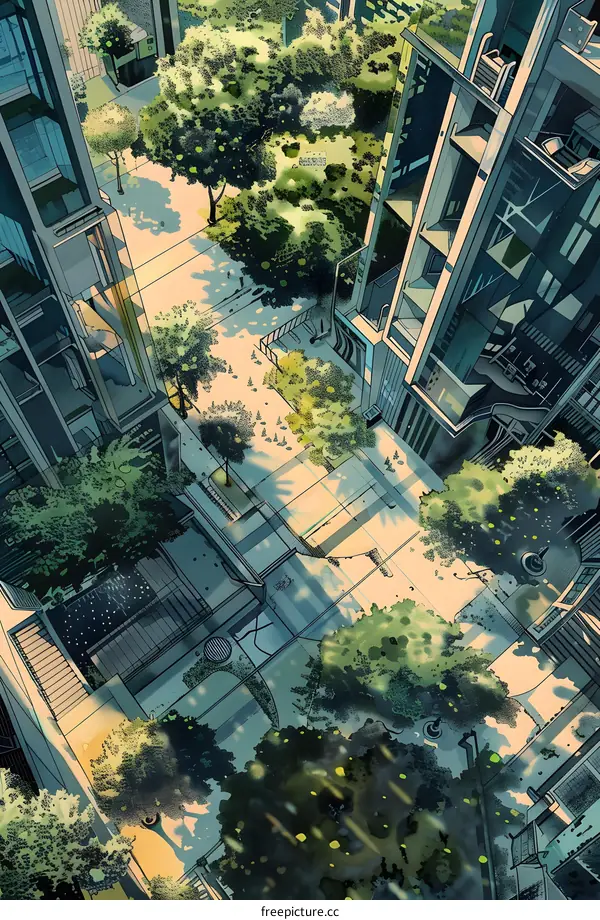 Aerial View of Futuristic City with Buildings and Green Trees