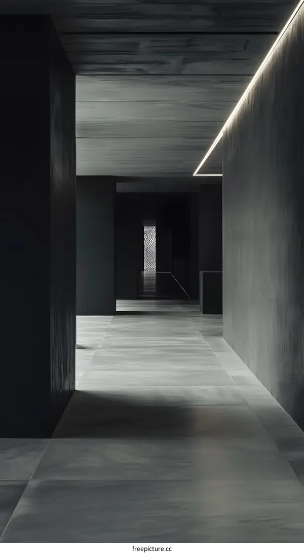 Dark Grey Concrete Corridor With Light Strip
