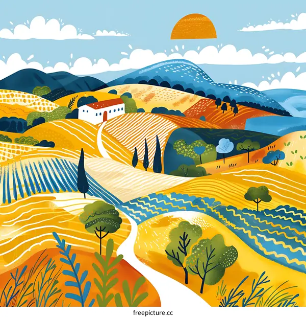 Hand Drawn Rural Landscape Illustration With Fields And White House In Hills