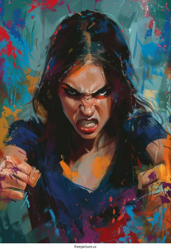 A woman with dark hair and blue eyes is making a fierce expression with her fists clenched.